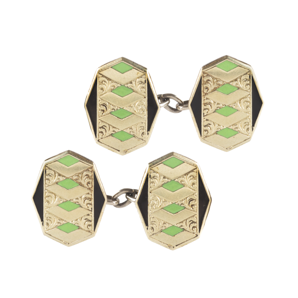 A pair of Silver Green Enamel Cufflinks - image 1