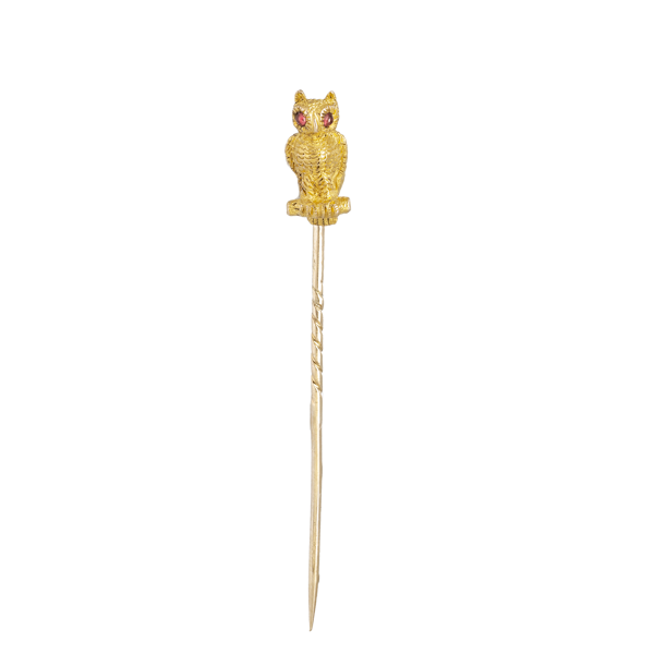 A Gold Owl Tie Pin with Ruby Eyes - image 1
