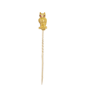 Owl with Ruby Eyes Stick Pin | 15ct Gold | Victorian c1880