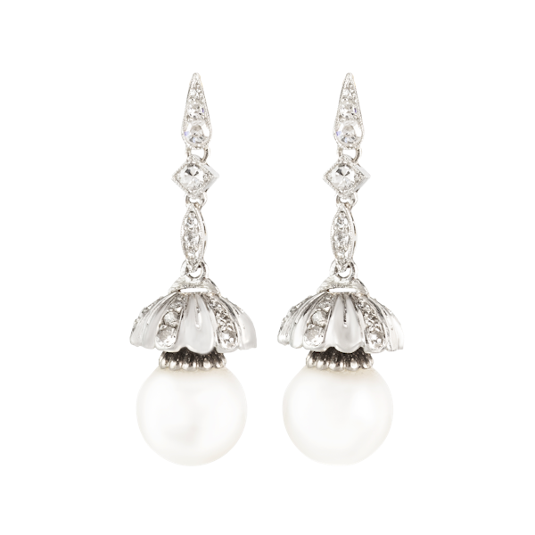 A pair of Pearl and Diamond Drop Tulip Earrings **SOLD**