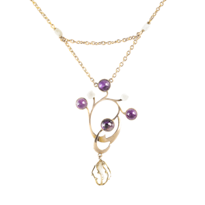 Gold Amethyst & Pearl Necklace | Draped Chain with Botanical Berry Motif | Art Nouveau c.1900