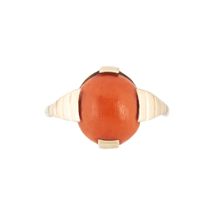 Mid Century Gold Coral Cabochon Ring | Italian c.1955