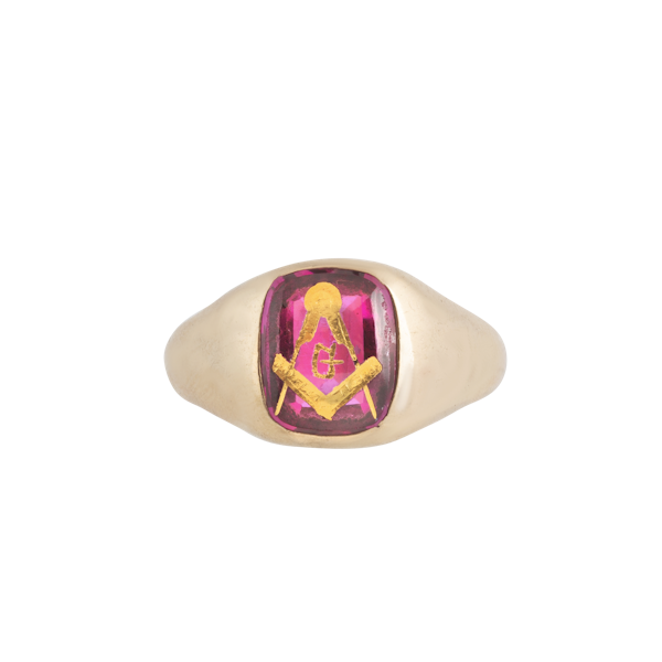 A Gold Synthetic Ruby Masonic Ring - image 1