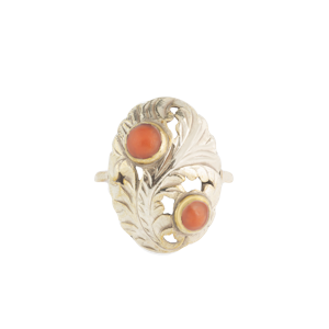 Foliate Engraved Silver & Coral Ring | Art Deco | European c.1920s.