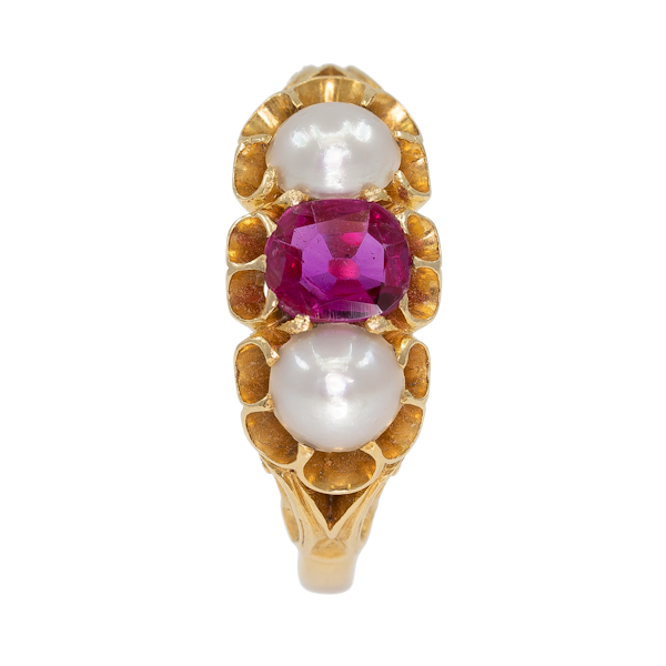 Victoria pink sapphire and pearl  3 stone gold ring - image 1
