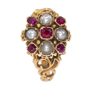 Victorian ruby and pearl cluster ring