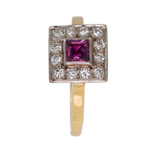 Retro diamond and ruby square ring