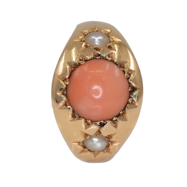 Antique  coral and pearl three stone ring - image 1