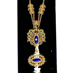 Gold filigree and enamel necklace and matching gold enamel brooch