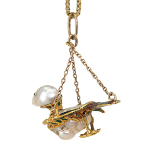 Baroque natural pearl and enamel model of a bird on a later gold chain