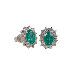 Emerald Diamond Cluster Earrings in 18ct White Gold date circa 1980, SHAPIRO & Co since1979