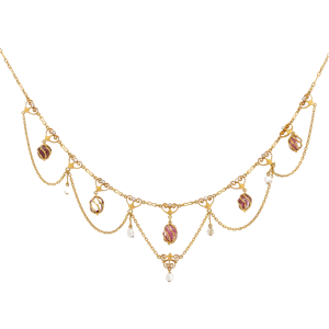 Art Nouveau Swedish pink tourmaline, pearl and enamel necklace