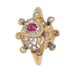 Antique double heart diamond and ruby ring