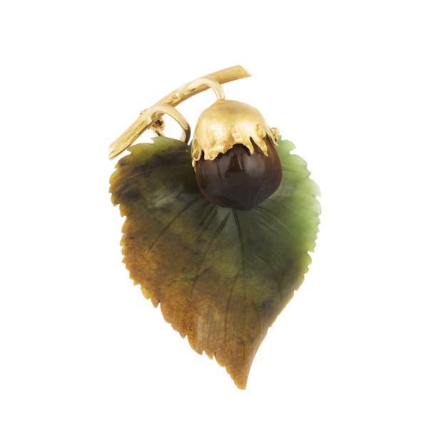 A Nephrite Leaf Hazelnut Gold Brooch - image 1
