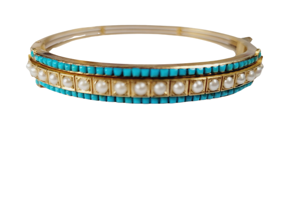Antique natural pearl and turquoise gold bangle sku 5026  DBGEMS - image 1