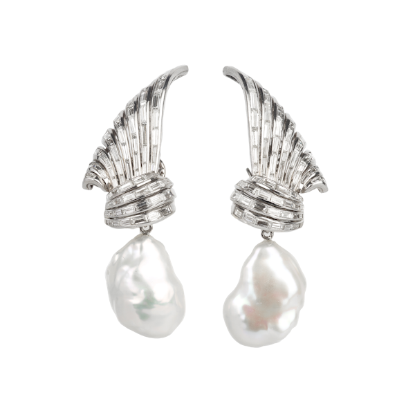 A Pair of Diamond and Pearl Set Drop Earrings Offered By The Gilded Lily - image 1