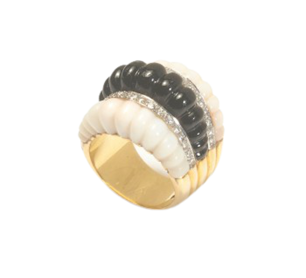 Vintage Coral, Black Onyx, Diamond And Gold Ring, Circa 1980 - image 1