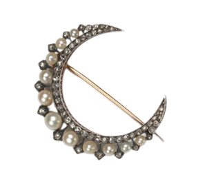 Antique Natural Pearl Rose Cut Diamond Silver Upon Gold Crescent Brooch, Circa 1890