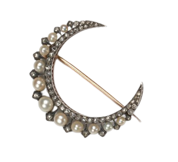Antique Natural Pearl Rose Cut Diamond Silver Upon Gold Crescent Brooch, Circa 1890 - image 1