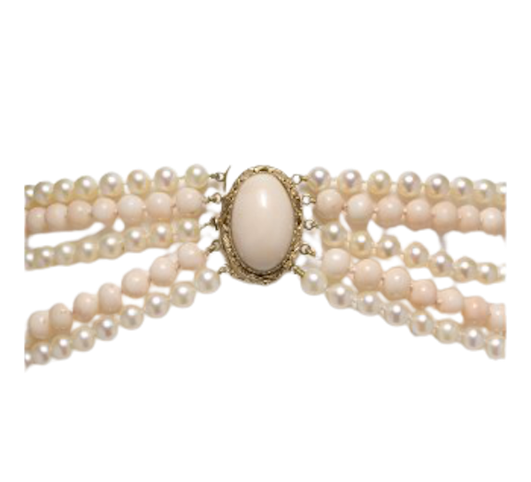 Vintage Coral And Cultured Pearl Five Row Necklace - image 1