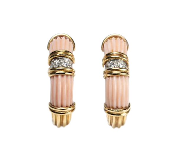 Vintage Fluted Coral Diamond And Gold Hoop Earrings Circa 1970 - image 1