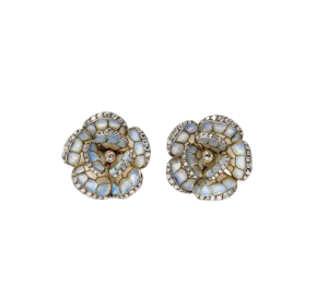 Pale Blue Plique A Jour Enamel, Diamond, Gold And Silver Flower Earrings