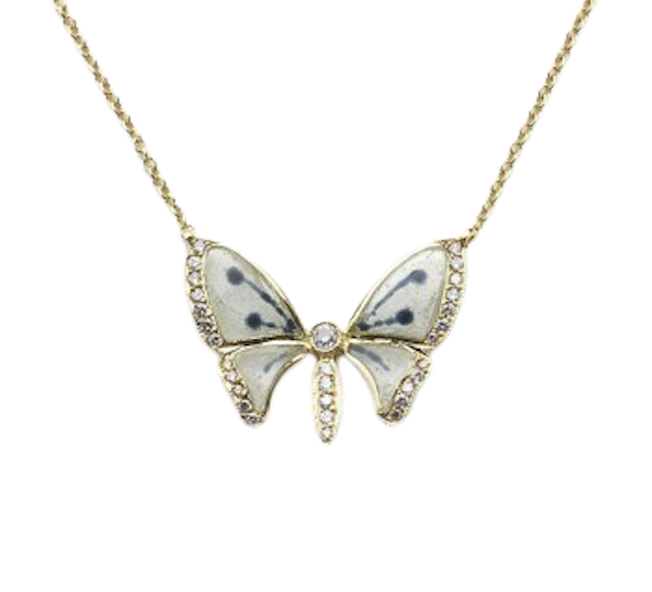 Plique À Jour Enamel Diamond And Gold Butterfly Pendant Necklace - image 1