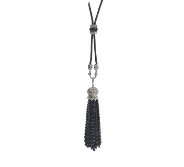 Black Onyx Bead And Diamond Tassel Pendant Necklace, Circa 1930 - image 1