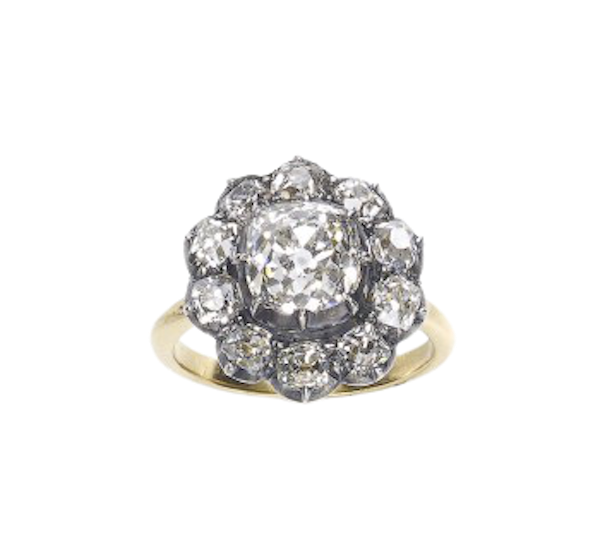 Old Cut Diamond Silver-Upon-Gold Cluster Ring, 2.44ct - image 1