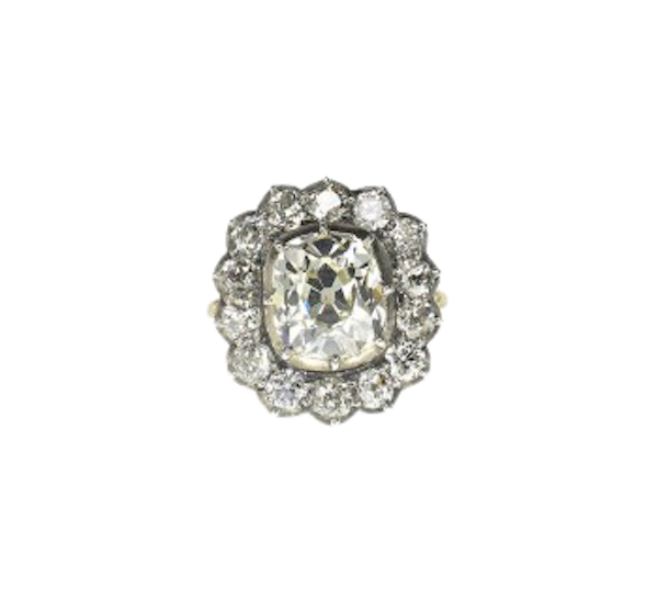 Cushion Diamond Silver-Upon-Gold Cluster Ring, 4.18ct - image 1