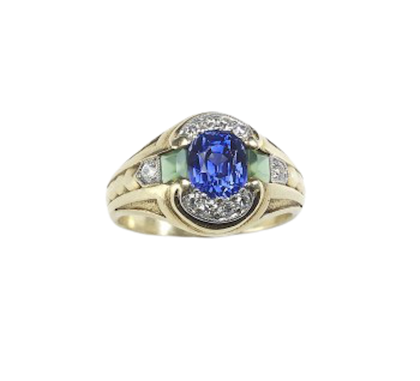 Art Deco Durand & Co. Sapphire, Chrysoprase, Diamond and Gold Ring, Circa 1935 - image 1