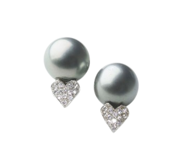 Tahitian Pearl And Diamond Heart Earrings, Circa 1990 - image 1
