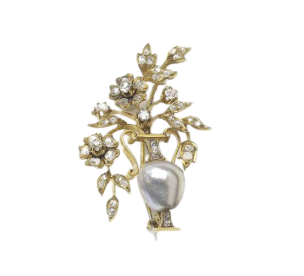 Antique Pearl Diamond And Gold Jardiniere Brooch - image 1