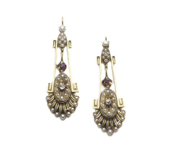 Victorian Aesthetic Movement Gold, Pearl, Diamond, Black Enamel and Ruby Earrings, Circa 1875 - image 1
