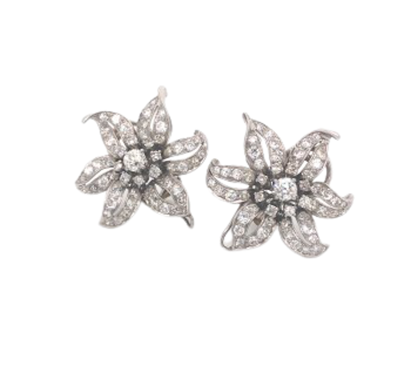 Vintage Diamond and White Gold Flower Earrings, Circa 1950 - image 1