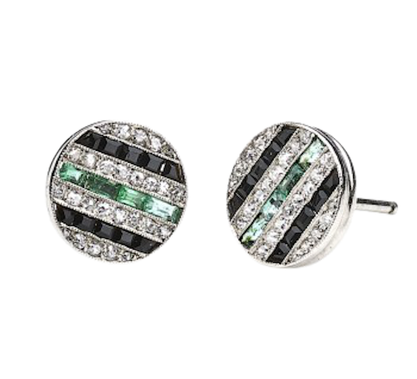 Art Deco Diamond, Black Onyx And Emerald Stud Earrings - image 1