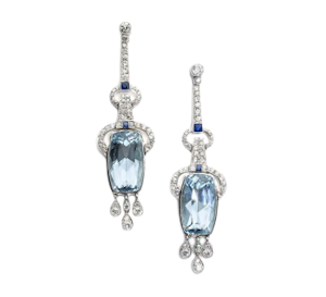Modern Aquamarine, Sapphire, Diamond And Platinum Earrings
