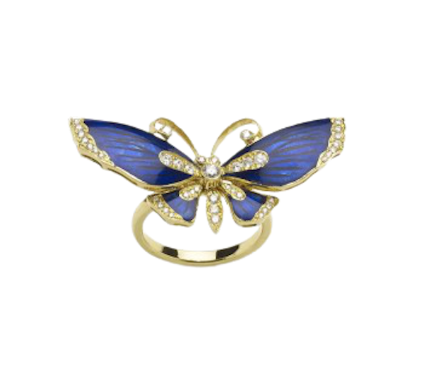Blue Enamel And Diamond Butterfly Ring - image 1