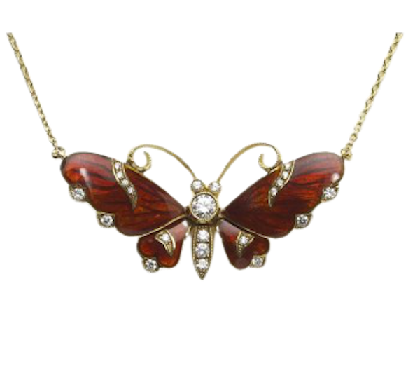 Modern Red Enamel, Diamond And Gold Butterfly Pendant - image 1