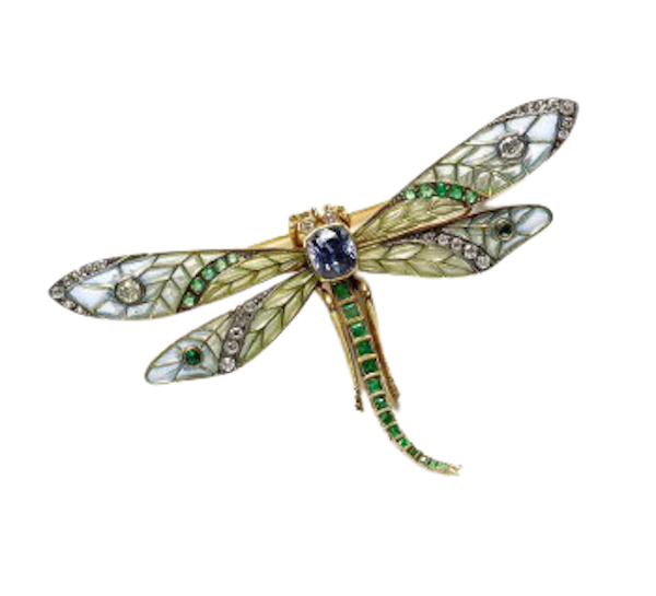 Plique À Jour Sapphire, Emerald And Diamond Dragonfly Brooch - image 1