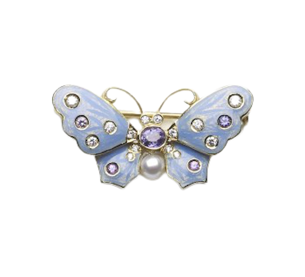 Light Blue Enamel, Purple Sapphire, Pearl And Diamond Butterfly Brooch - image 1