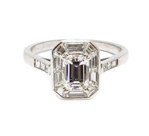 Modern Emerald-Cut Diamond and Platinum Mitre Set Ring, 0.72 Carats