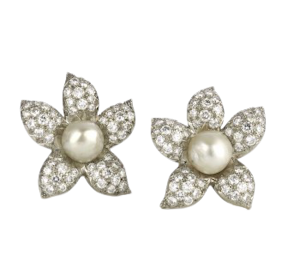 Vintage Natural Pearl and Diamond Flower Earrings, Circa 1950, 4.00 Carats