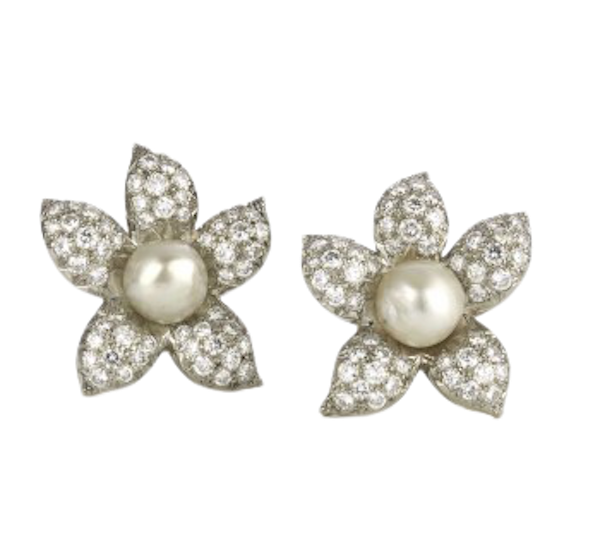Vintage Pearl And Diamond Flower Earrings, Circa 1950 - image 1