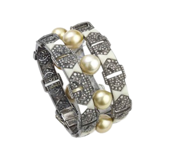 Modern South Sea Pearl Diamond Bakelite Silver and Gold Bracelet - image 1
