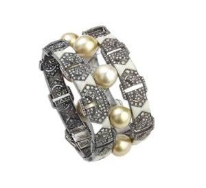 Modern South Sea Pearl Diamond Bakelite Silver and Gold Bracelet
