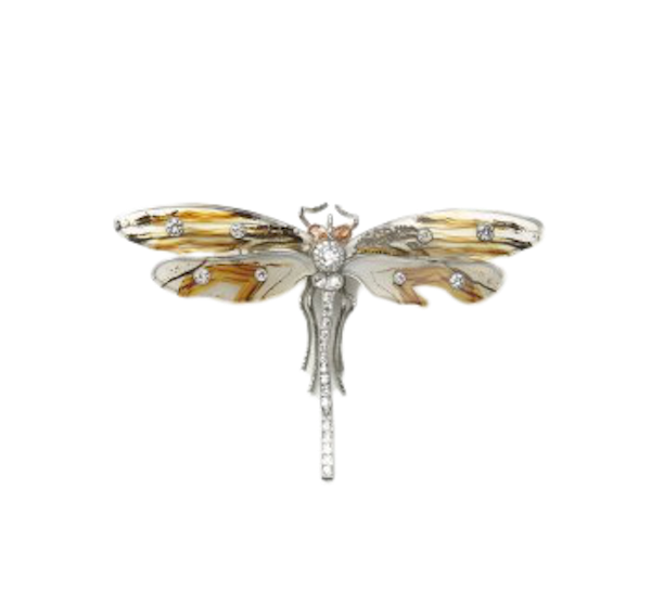 Mocha Stone Agate, Diamond, Padparadscha Sapphire And White Gold Dragonfly Brooch - image 1