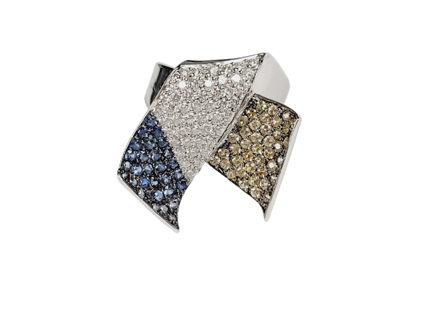 Modern diamond, yellow sapphire and blue sapphire ribbon ring sku 5110  DBGEMS - image 1