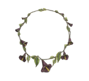 Moira Ruby Diamond Plique à Jour Enamel Silver and Gold Calla Lily Necklace