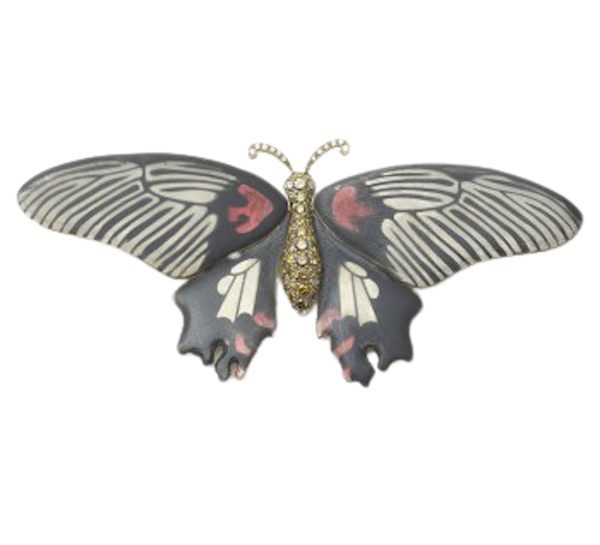 Scarlet Mormon Enamel Butterfly Brooch, Silver And Gold - image 1
